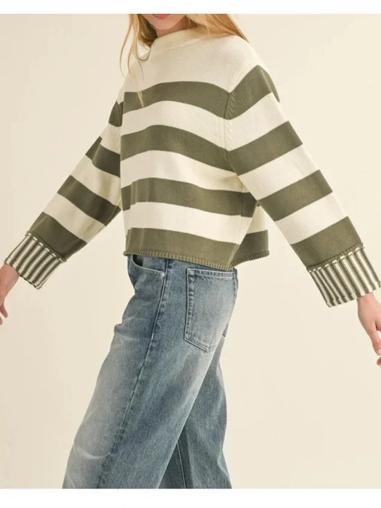 Miou muse size medium cream and green stripe sweater top - Picture 2 of 4